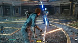 Star Wars Jedi Survivor Koboh tanalorr Cal fighting lightsaber-wielding raider called Tague Louesh