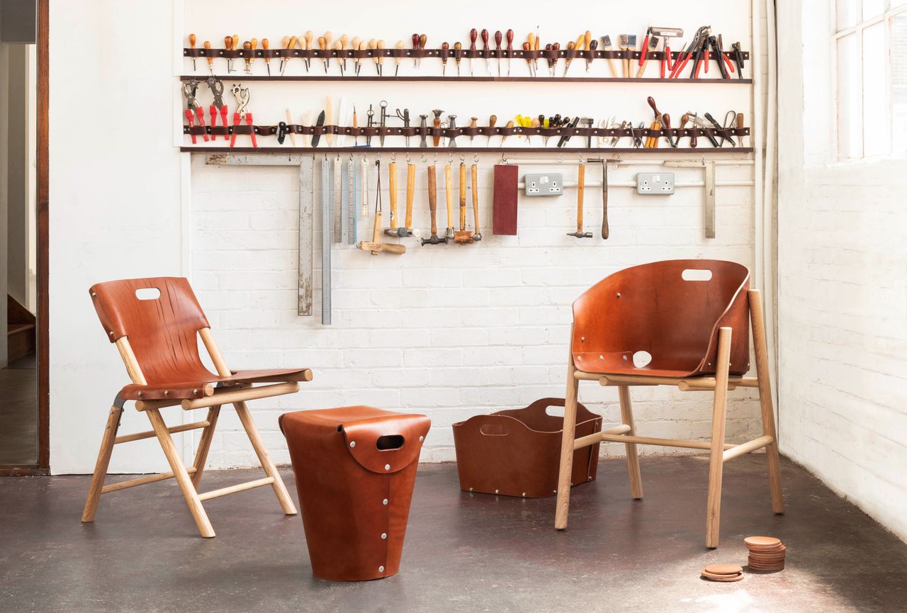 Wood and leather furniture by Bill Amberg for the Knepp Estate, photographed at the designer&#039;s studio