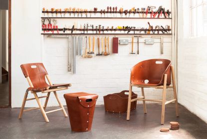 Wood and leather furniture by Bill Amberg for the Knepp Estate, photographed at the designer's studio