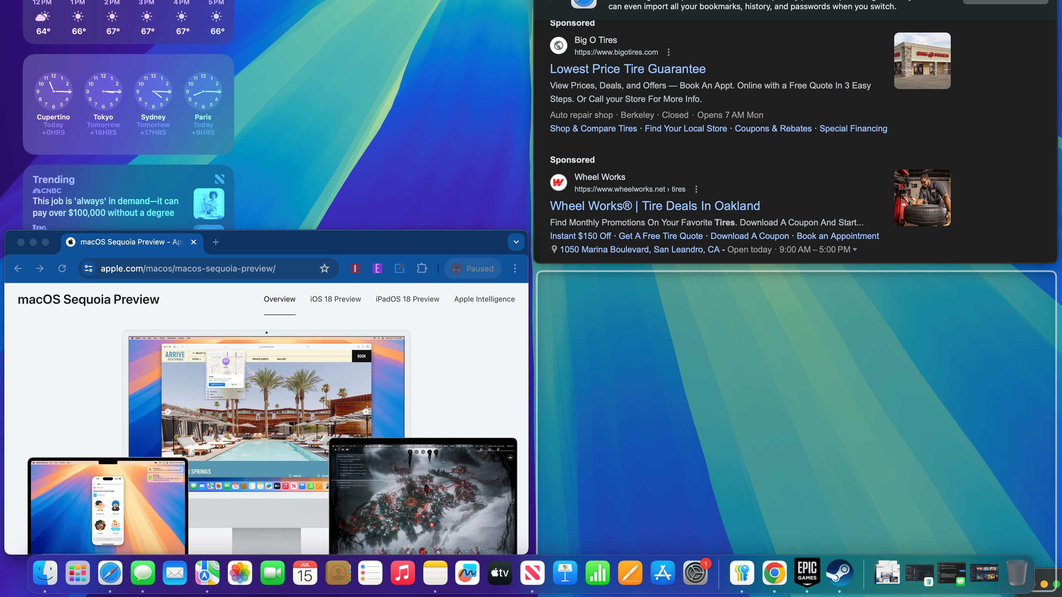 Apple macOS Sequoia beta showing window tiling