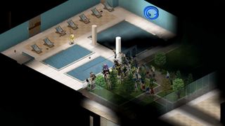 A player being pursued by a horde of zombies in PC survival game Project Zomboid