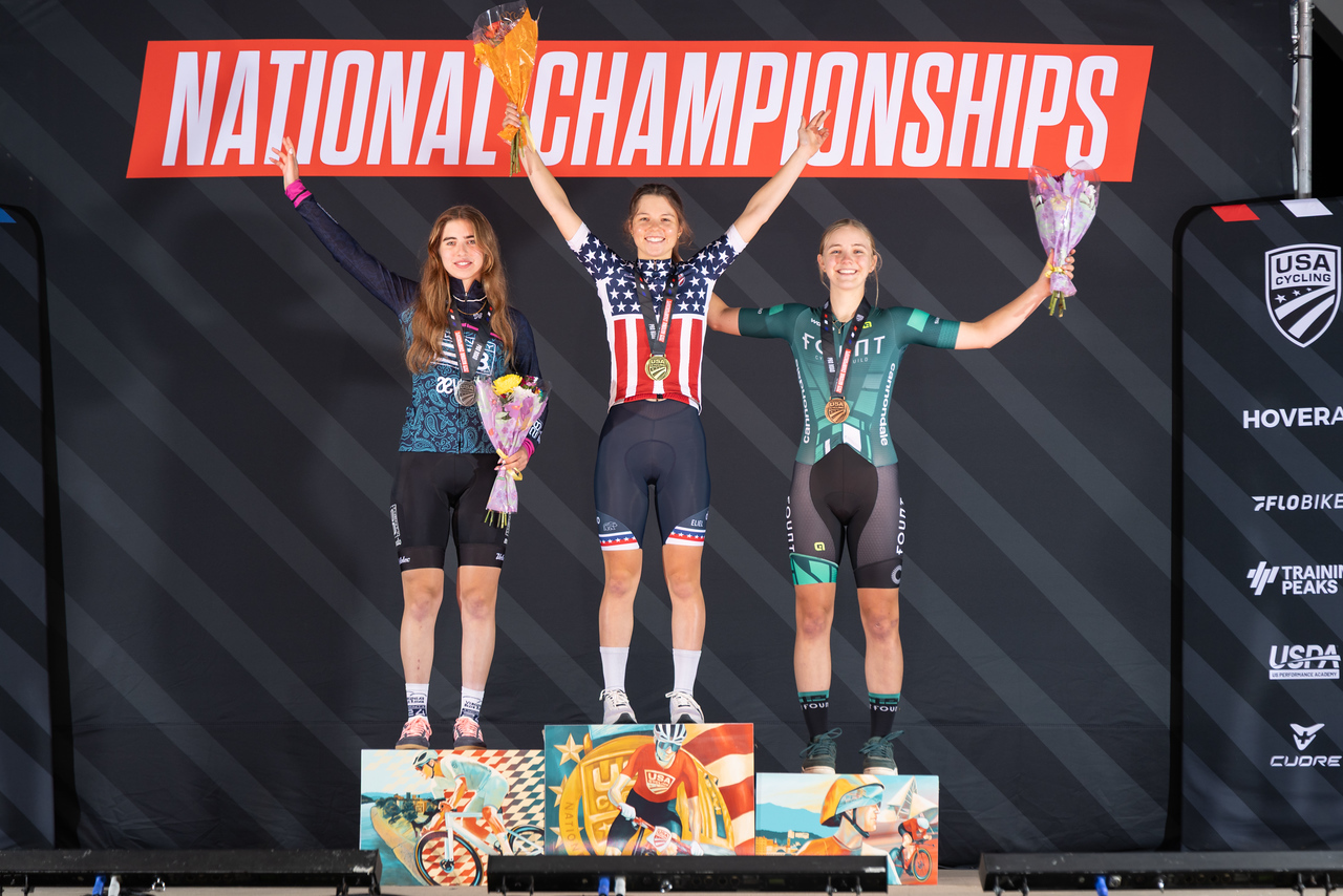 Alyssa Sarkisov on the podium of the women's junior criterium race at USA Pro Road Championships 2025