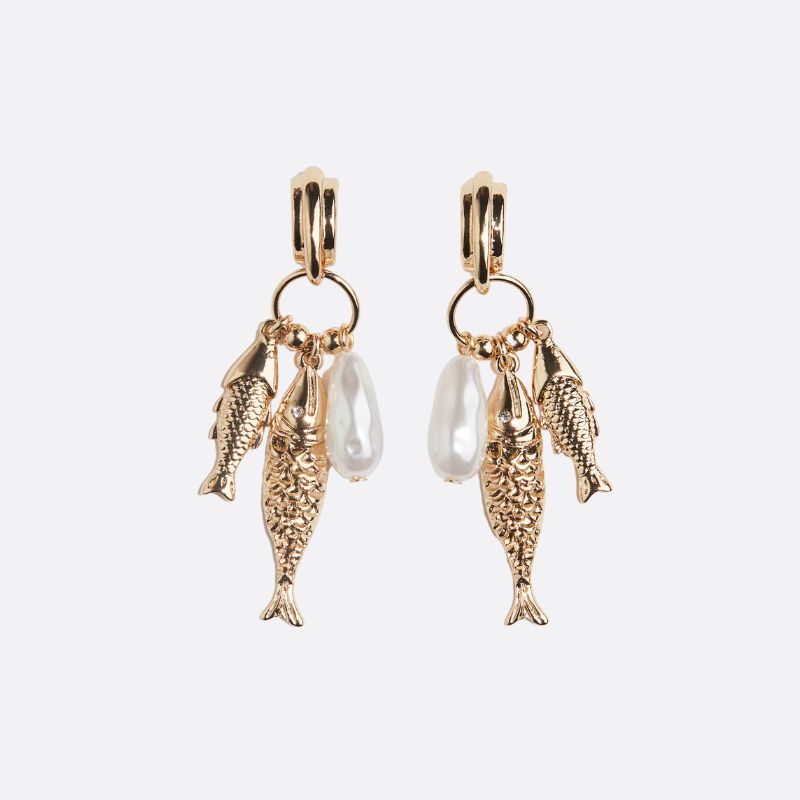 Cut out of gold and pearl fish earrings