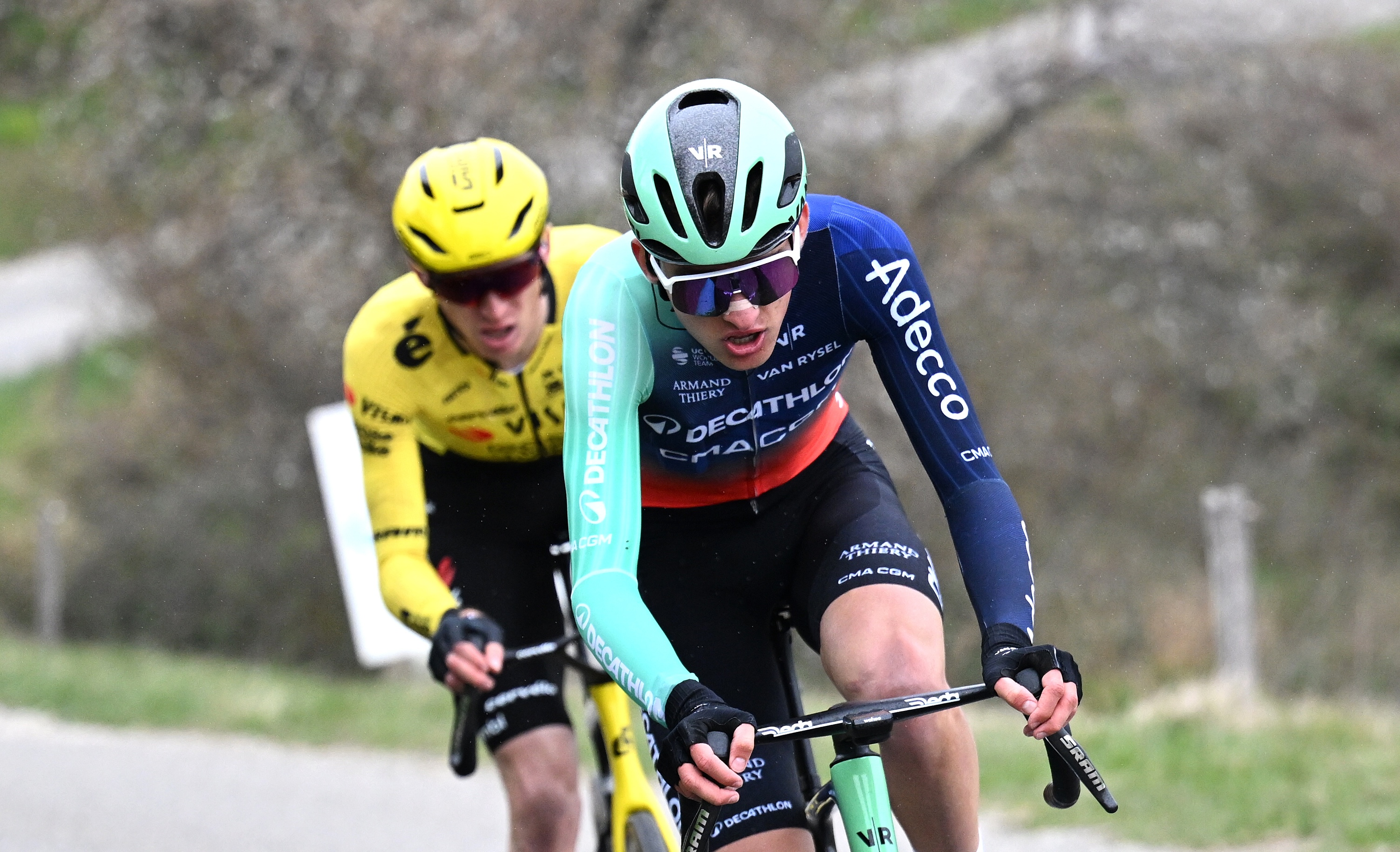 GUILHERAND-GRANGES, FRANCE - FEBRUARY 28: Paul Seixas of France and Team Decathlon CMA CGM competes in the breakaway during the 26th Faun-Ardeche Classic 2026 a 187.6km one day race from Guilherand-Granges to Guilherand-Granges on February 28, 2026 in Guilherand-Granges, France. (Photo by Billy Ceusters/Getty Images)