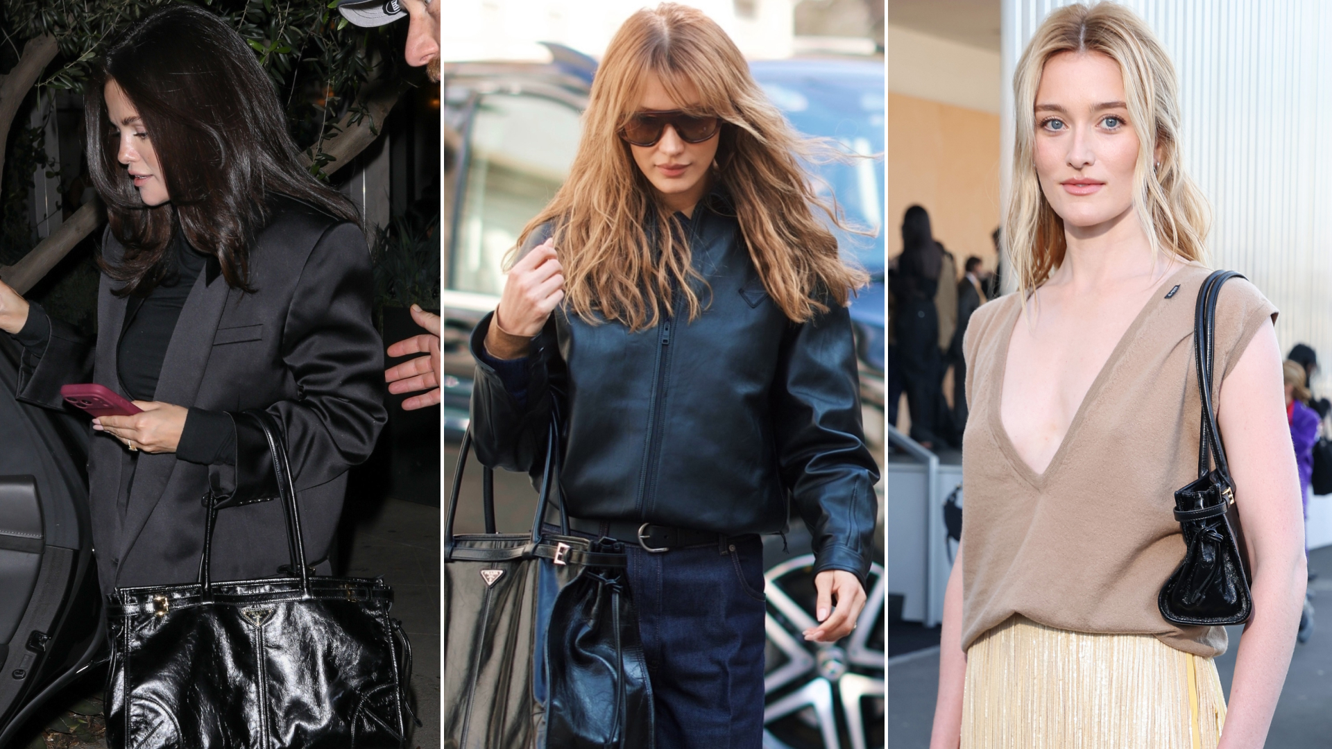 collage of celebrities wearing the belted Bonnie It-bag from Prada