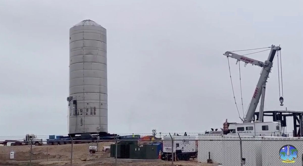 SpaceX&#039;s unfinished Starship SN1 prototype rolls to a pad on Feb. 25, 2020, to prep for pressure testing.