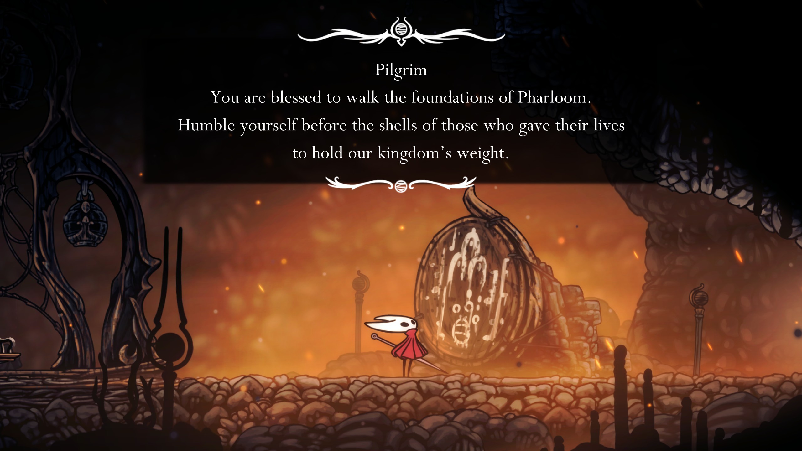 Hollow Knight Silksong gameplay showing Hornet reading a message that says &amp;quot;Pilgrim, you are blessed to walk the foundations of Pharloom. Humble yourself before the shells of those who gave their lives to hold our kingdom&#039;s weight.&amp;quot;