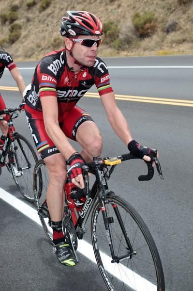 Cadel Evans (BMC) checks the road ahead.