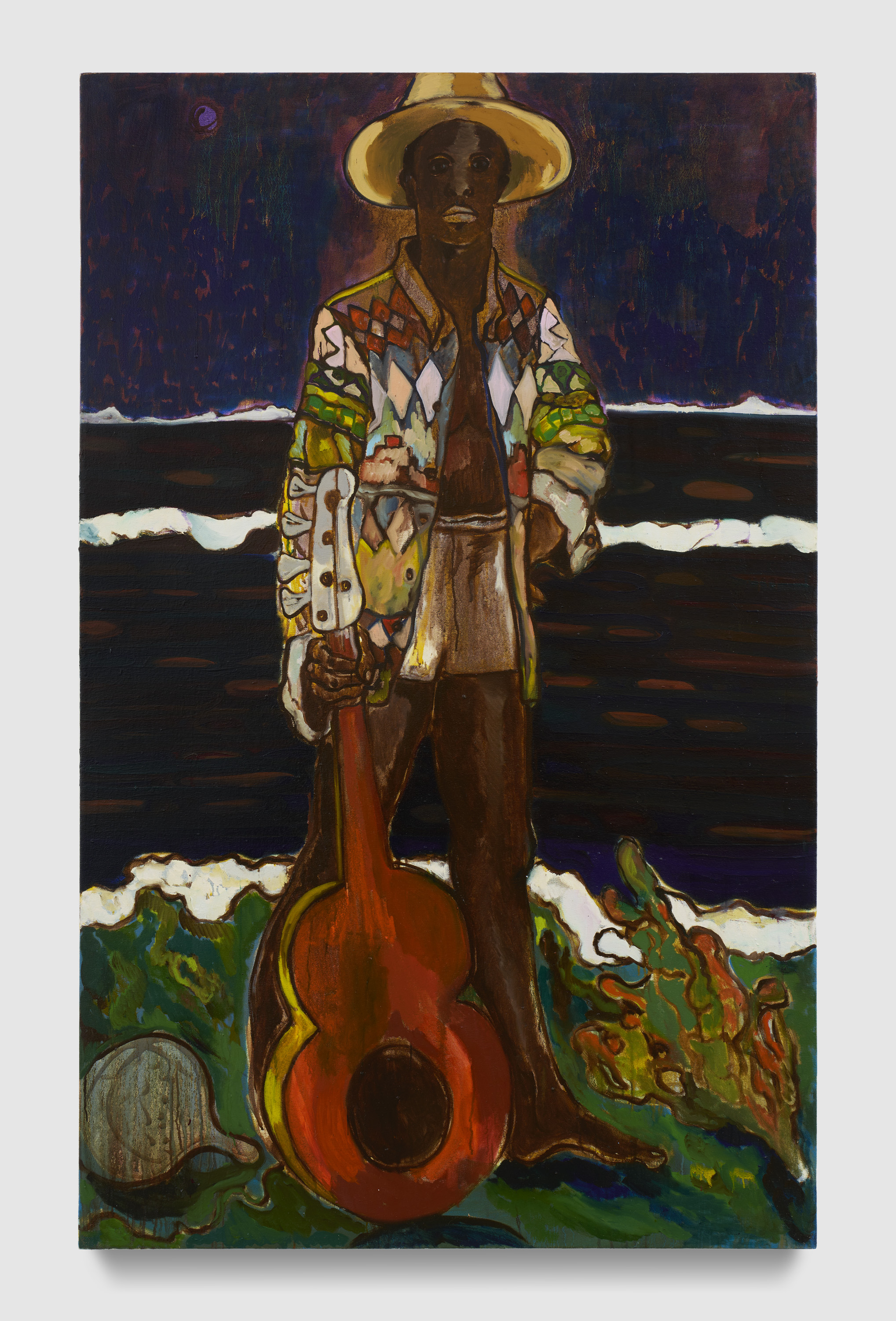 Oil on canvas depicting a man with a guitar, by Gideon Appah