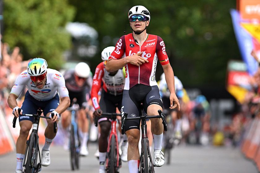 NAMUR, BELGIUM - SEPTEMBER 17: Arnaud De Lie of Belgium and Team Lotto celebrates at finish line as race winner ahead of Emilien Jeanniere of France and Team TotalEnergies (L) during the 65th Grand Prix de Wallonie 2025 a 187.1km one day race from Dison to Namur on September 17, 2025 in Namur, Belgium. (Photo by Luc Claessen/Getty Images)