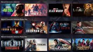 Screenshot of Disney+ showing off Marvel movies and TV shows