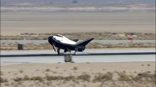 Sierra Nevada Corporation's uncrewed Dream Chaser space plane lands at Edwards Air Force Base in California after a successful free-flight drop test on Nov. 11, 2017.