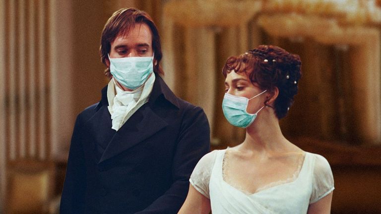 Jane Austen characters wearing surgical masks.