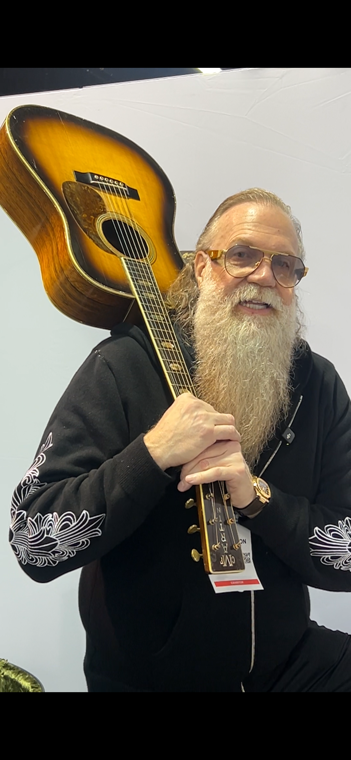 Matt Swanson holds and plays his 1938 Martin D-45 at the 2026 NAMM Show in Anaheim, California