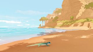 The Gecko Gods: A Gecko walks across a sandy beach by the sea