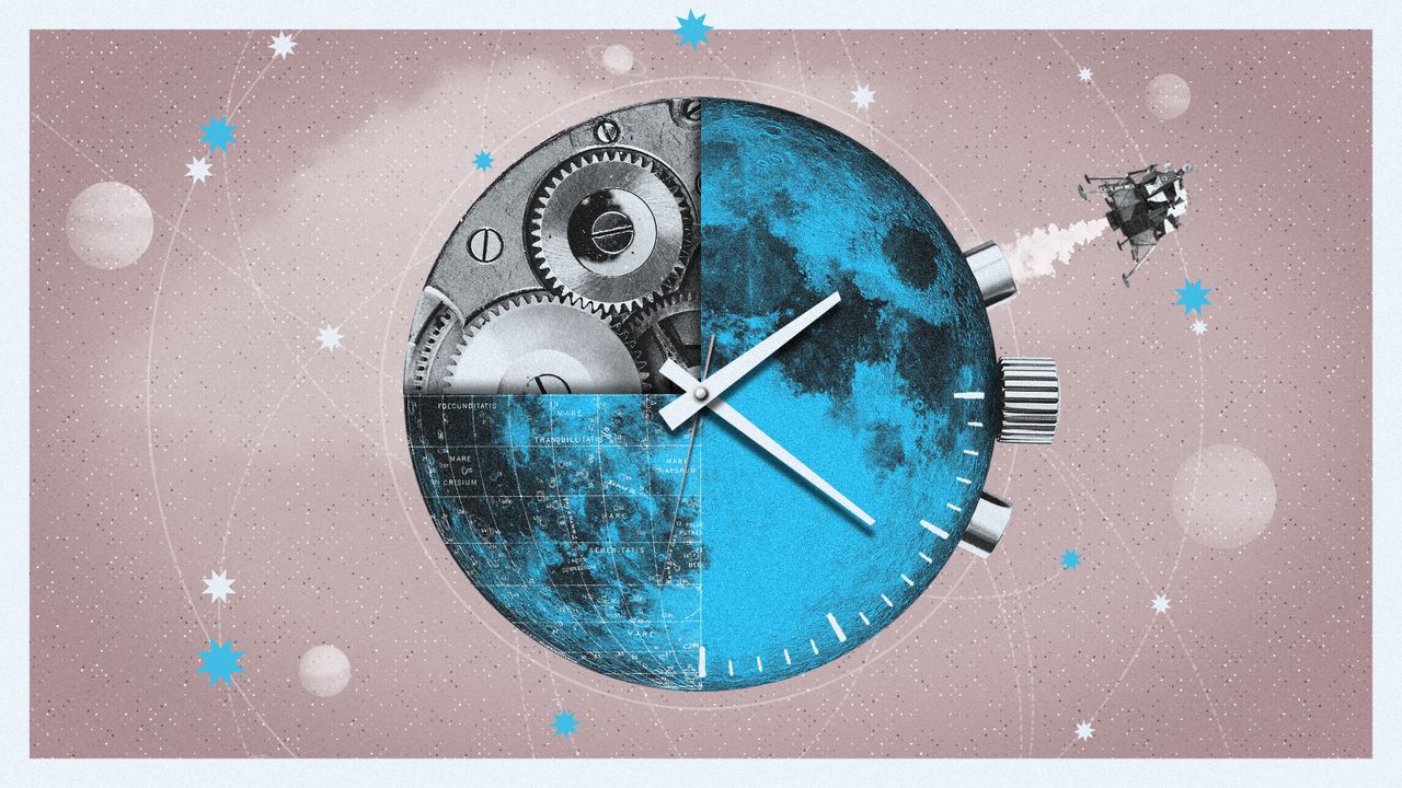 Illustration of the moon with watch mechanisms and a clock face