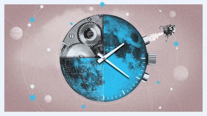 Illustration of the moon with watch mechanisms and a clock face