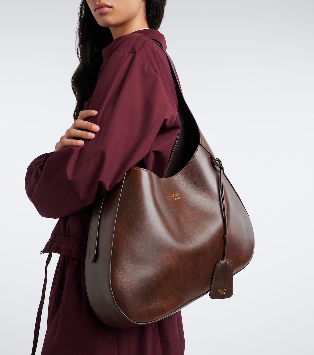 Prada Boogie Large Leather Shoulder Bag in Brown - Prada