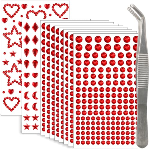 Niaconn 1760 Pcs Red Face Gems Jewels Self-Adhesive Rhinestones Stickers