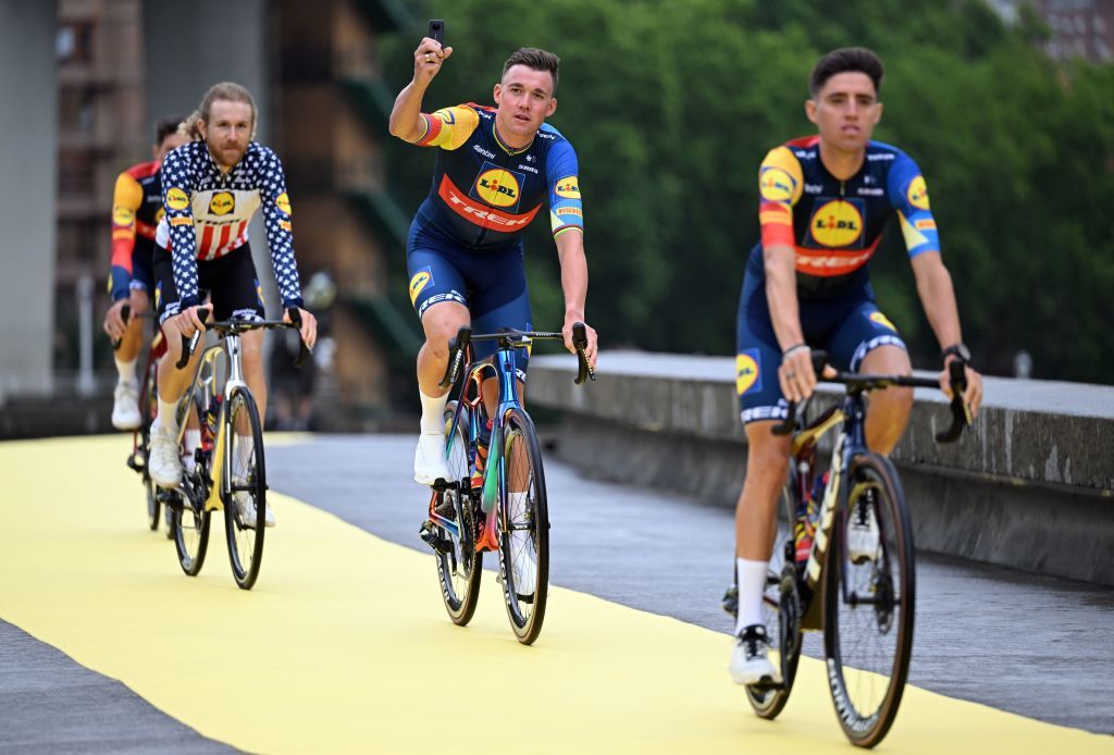 TrekSegafredo riders pictured during the team presentation ahead of the 110th edition of the Tour de France cycling race in Bilbao Spain Thursday 29 June 2023 This years Tour de France takes place from 01 to 23 July 2023 and starts with three stages in Spain BELGA PHOTO JASPER JACOBS Photo by JASPER JACOBS BELGA MAG Belga via AFP Photo by JASPER JACOBSBELGA MAGAFP via Getty Images