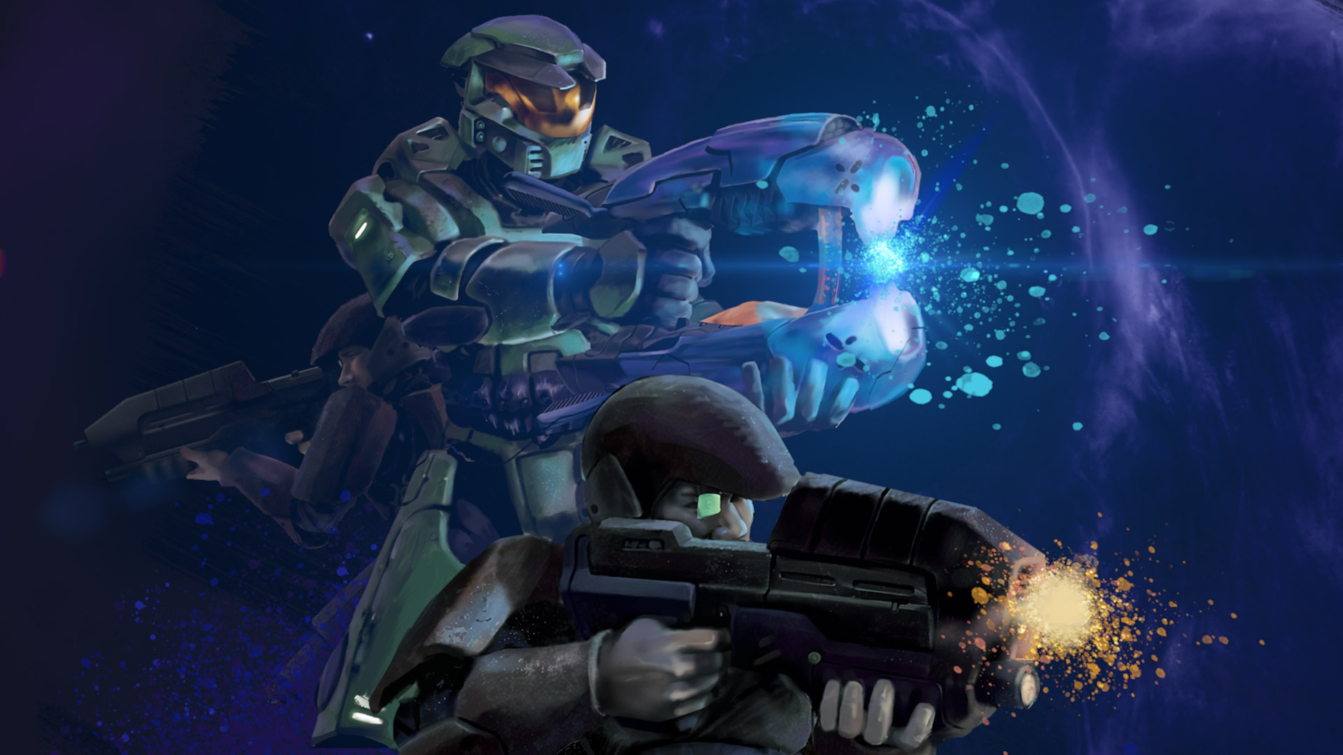 Master Chief battles Covenant forces in a stylized Halo scene, firing a plasma weapon while two UNSC Marines fight alongside him.