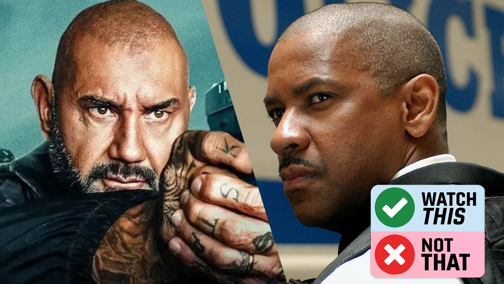 Dave Bautista in "Trap House" (2025) and Denzel Washington in "Inside Man"