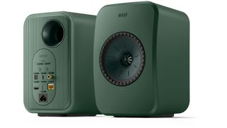 KEF LSX II LT speakers in sage green showing rear panel connections
