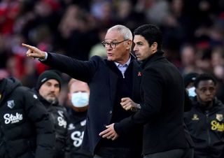 Watford manager Claudio Ranieri (left) and Arsenal manager Mikel Arteta exchange words at the end of the Premier League match at the Emirates Stadium, London. Picture date: Sunday November 7, 2021