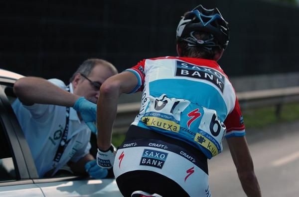 Luxembourg road champion Andy Schleck (Team Saxo Bank) receives medical attention following a crash.