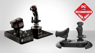 The Thrustmaster HOTAS Warthog and Thrustmaster T.Flight HOTAS X with the PC Gamer recommended logo above them in the top right