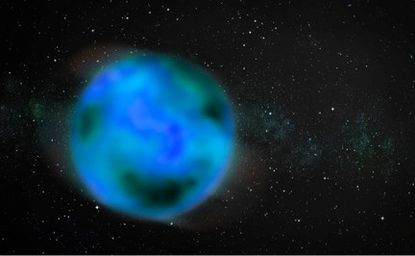 An artistic rendition of a nomad object wandering through the interstellar medium. The object is intentionally blurry to represent uncertainty about whether it has an atmosphere.