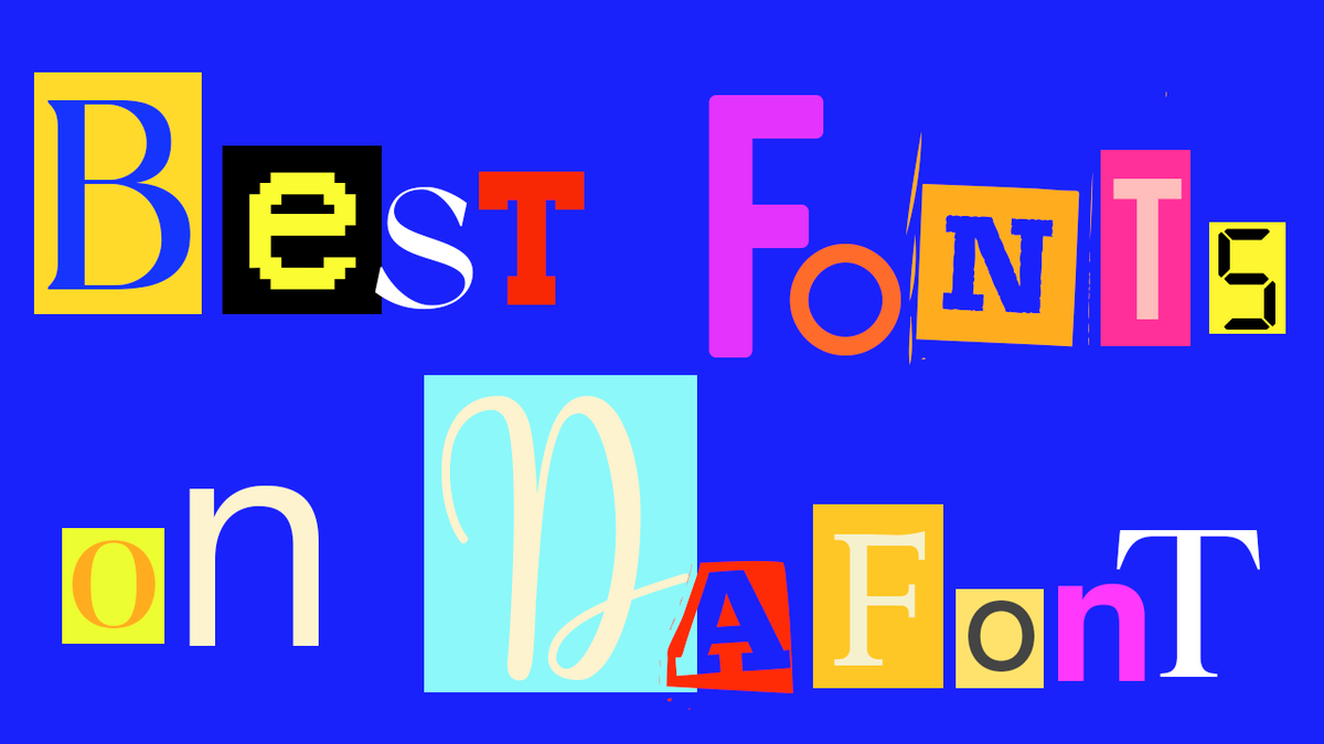 Graphic displaying article title, &#039;Best Fonts on DaFont&#039;, using a selection of different fonts for each letter, with a multicoloured grainy background.