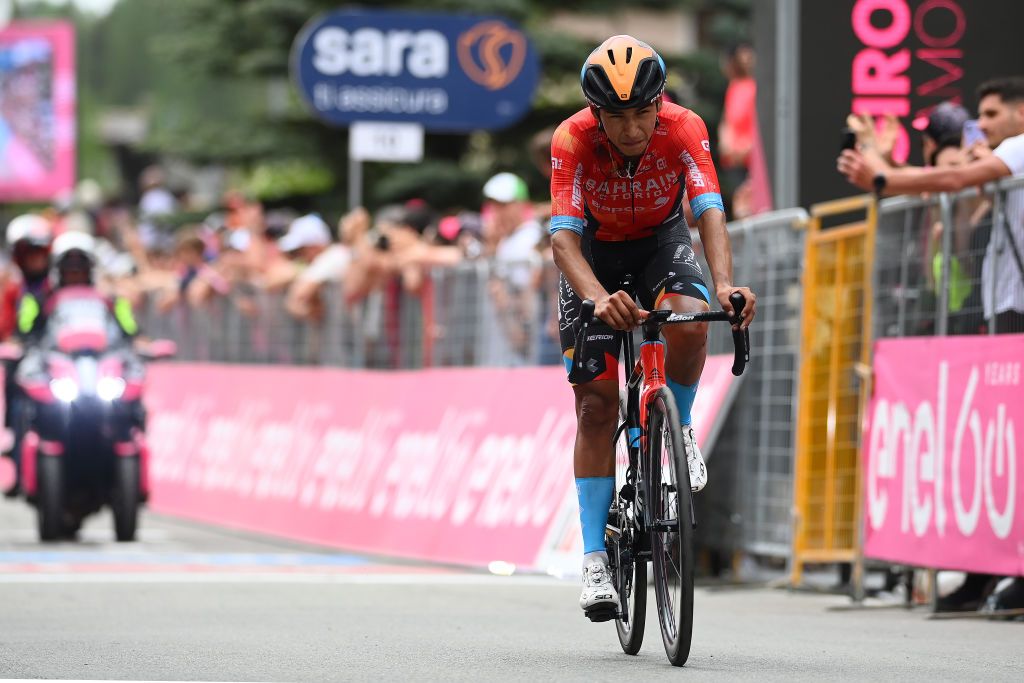 COGNE ITALY MAY 22 Santiago Buitrago Sanchez of Colombia and Team Bahrain Victorious crosses the finish line disappointment on second place during the 105th Giro dItalia 2022 Stage 15 a 177km stage from Rivarolo Canavese to Cogne 1622m Giro WorldTour on May 22 2022 in Cogne Italy Photo by Tim de WaeleGetty Images