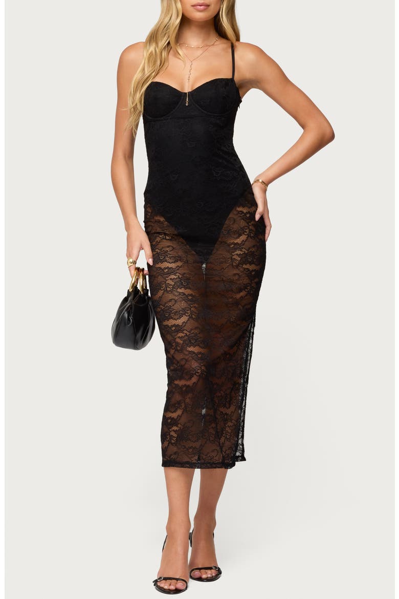 Sheer Lace Midi Body-Con Dress