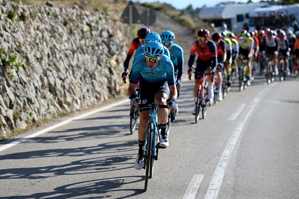 ALTEA SPAIN FEBRUARY 01 Cristian Scaroni of Italy and Astana Qazaqstan Team leads the peloton during the 74th Volta a la Comunitat Valenciana 2023 Stage 1 a 1894km stage from Orihuela to Altea VCV2023 VoltaValenciana on February 01 2023 in Altea Spain Photo by Dario BelingheriGetty Images