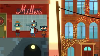 Mae and friends stand outside Miller's bar on an autumn day