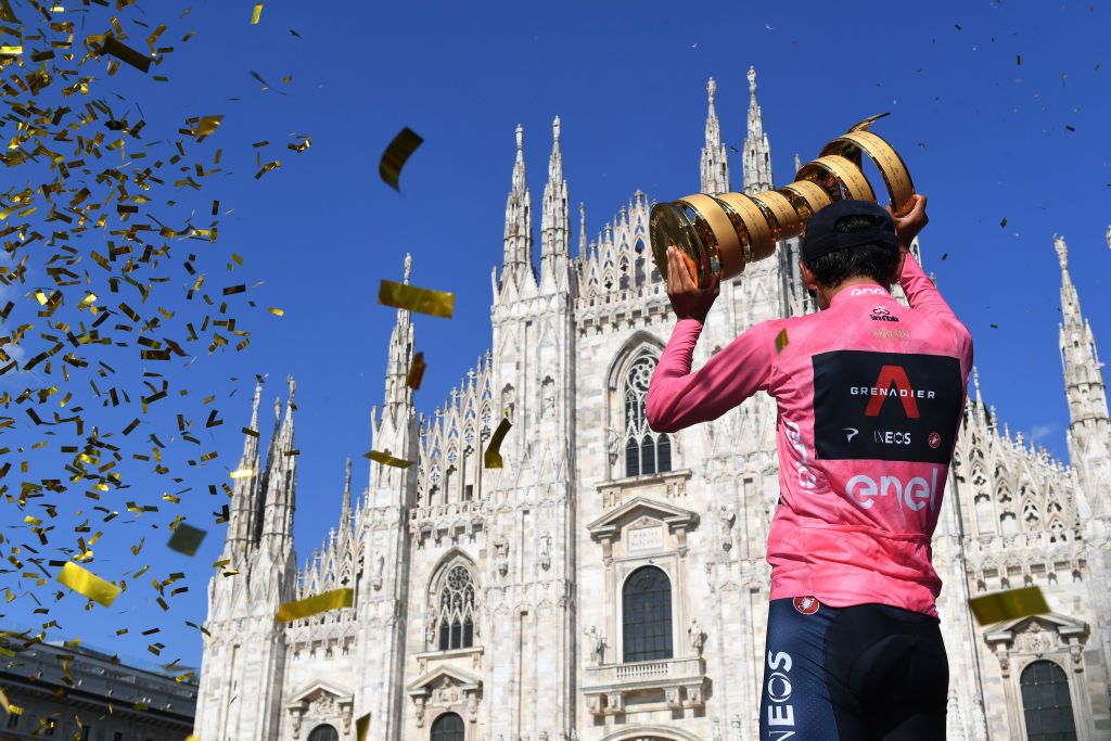 MILAN ITALY MAY 30 Egan Arley Bernal Gomez of Colombia and Team INEOS Grenadiers Pink Leader Jersey during the 104th Giro dItalia 2021 Stage 21 a 303km Individual Time Trial stage from Senago to Milano Duomo di Milano Milan Cathedral Trophy Trofeo Senza Fine ITT UCIworldtour girodiitalia Giro on May 30 2021 in Milan Italy Photo by Tim de WaeleGetty Images