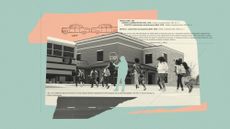 Photo composite illustration of a crossing guard outside a school