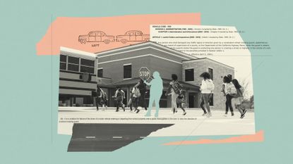 Photo composite illustration of a crossing guard outside a school