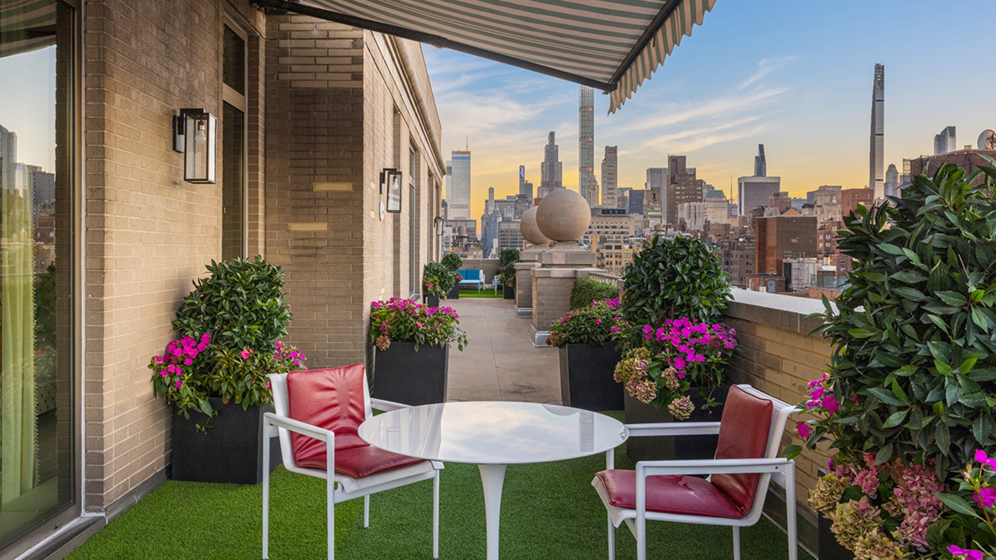 New York City apartment balcony at sunset