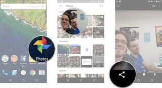 Launch the Photos app. Tap a photo you'd like to share. Tap the Share button.