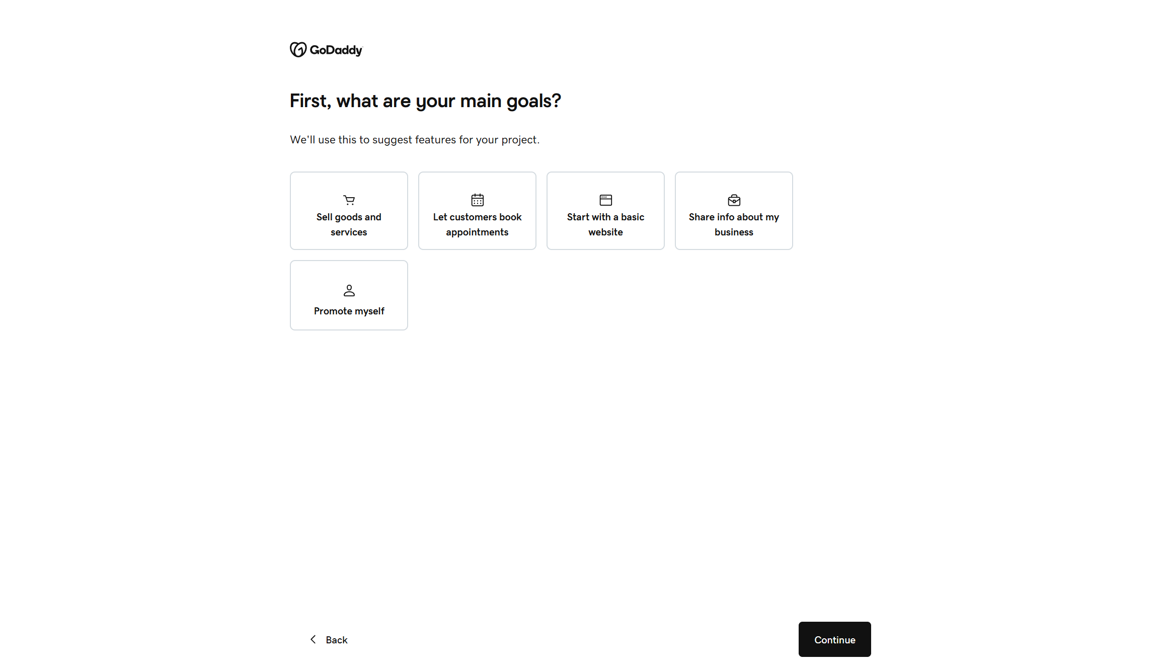 Screenshot of GoDaddy website builder in use, including black text on a white background