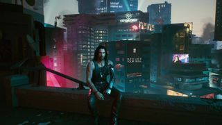 Johnny Silverhand (Keanu Reeves) sat on the edge of a building in Cyberpunk 2077 during the ending.