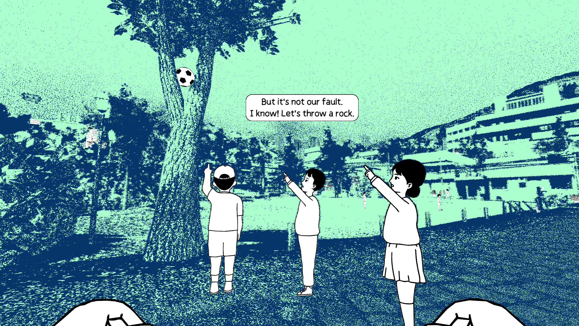 Despelote screenshot featuring kids looking at a soccer ball in a tree