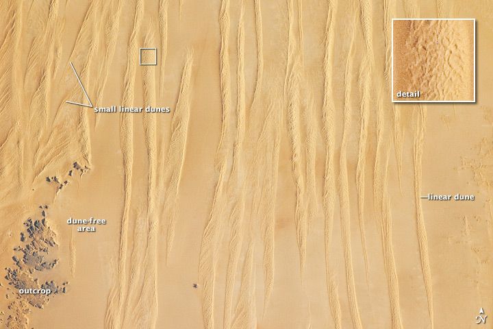 Linear sand dunes in the Great Sand Sea in Egypt as seen in a photo taken by astronauts aboard the International Space Station.