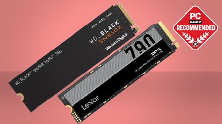 The WD Black SN850X and the Lexar NM790 NVMe SSDs on a pink gradient background with the PC Gamer recommended logo in the top right