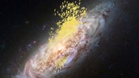 An image of the Milky Way with a bunch of yellow arrows going toward and through it.