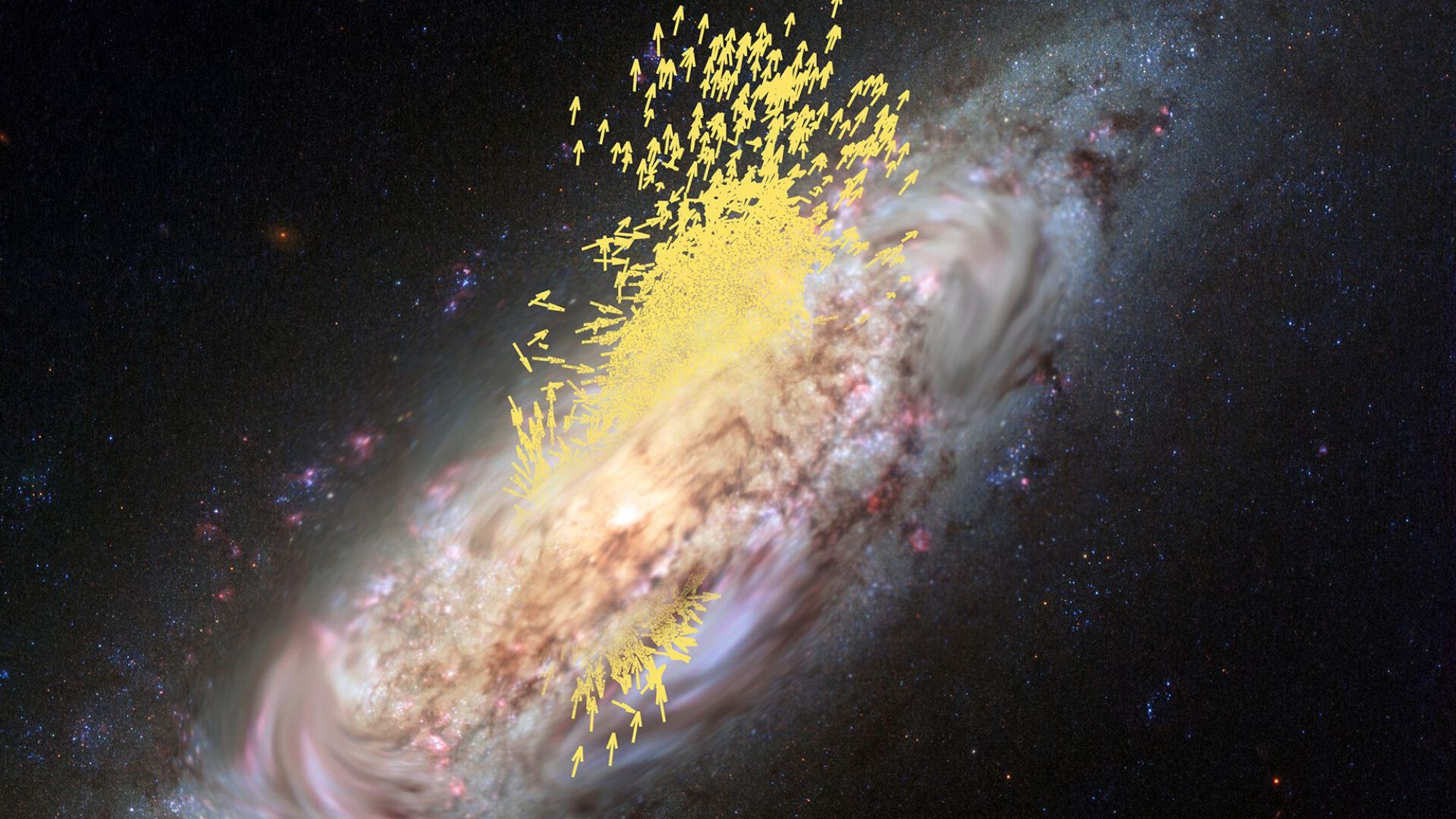 An image of the Milky Way with a bunch of yellow arrows going toward and through it.