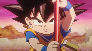 Dragon Ball in order: a young kid Goku getting ready to fight in the anime series, DAIMA.