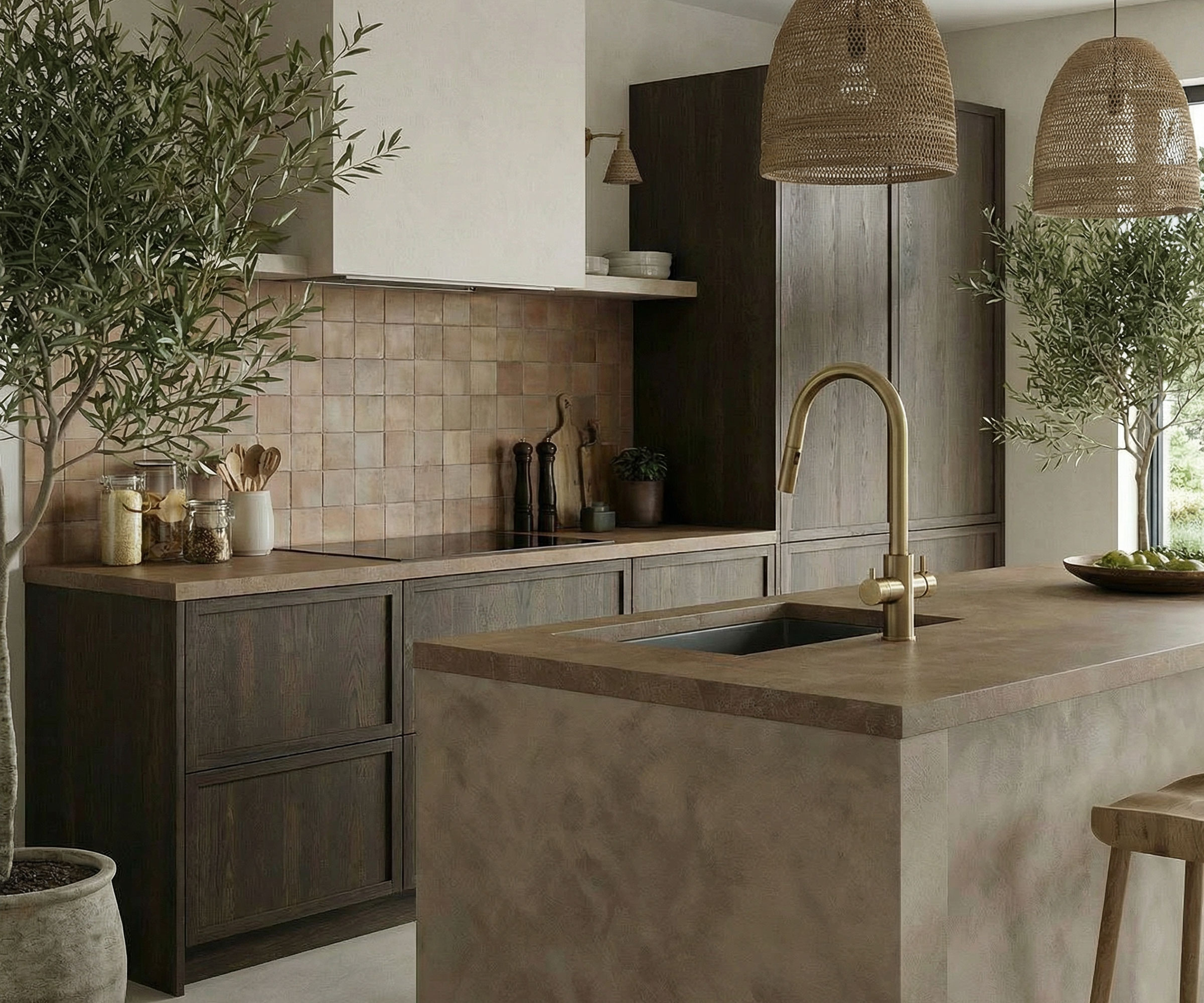 brown wooden kitchen with boiling water tap